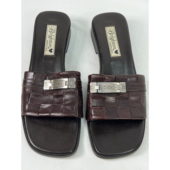 Brighton Lydia Woven Leather Slide Sandals Open ToeBrown Silver Hardware sz 9 N - Picture 2 of 5